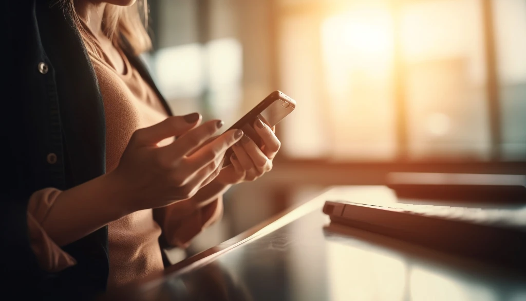 Hände tippen auf einem Smartphone, im Hintergrund ein Laptop am Fenster