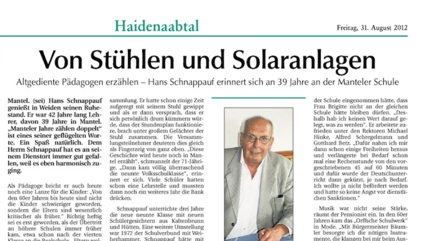 Zeitungsartikel von 2012: Hans Schnappauf erinnert sich an 39 Jahre als Lehrer an der Manteler Schule